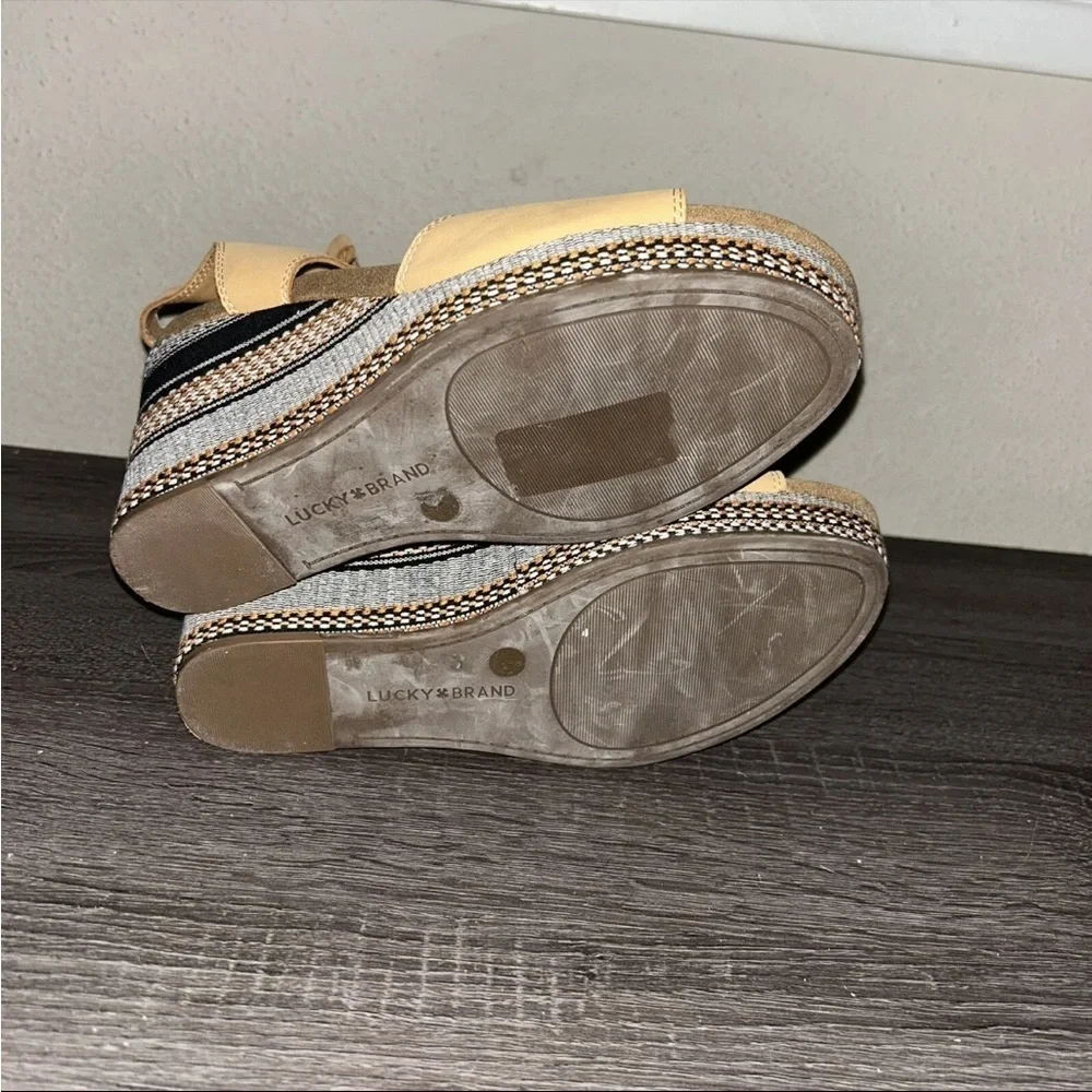 Lucky Brand Yejida Tan Leather Woven Strappy Platform Wedge Sandals Size 10